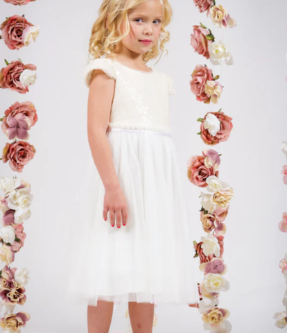 Ivory Sequin Mess Pleated Girls Dress, Size 8