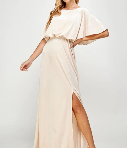 Velvet Cape Evening Gown in Pale Ivory