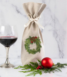 Juniper Wreath Linen Wine Bag