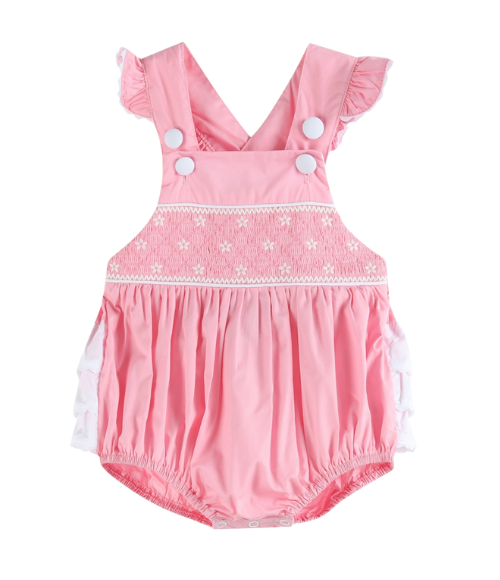 Pink and White Flower Smocked Ruffle Romper