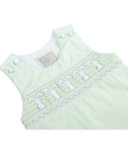 Honeydew Green Bunny Smocked Shortalls