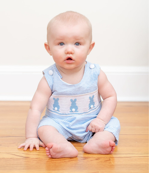 Blue Gingham Easter Bunny Smocked Shortalls