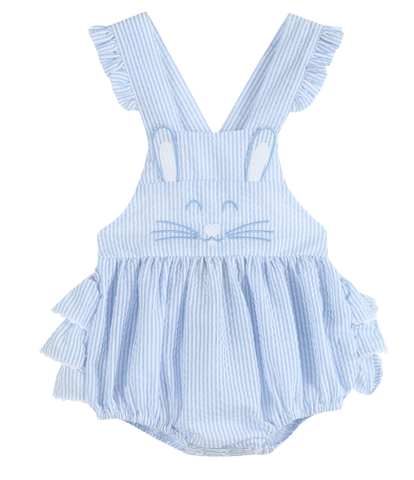 Blue Seersucker Bunny Face Ruffle Romper