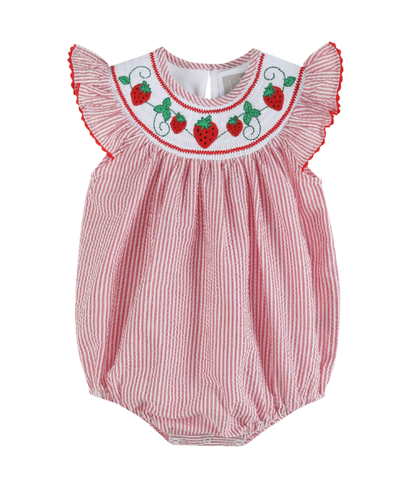 Strawberry Seersucker Smocked Bubble