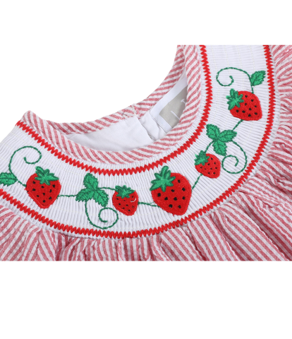Strawberry Seersucker Smocked Bishop Dress