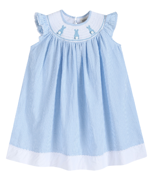 Blue Gingham Easter Bunny Smocked Bishop Dress