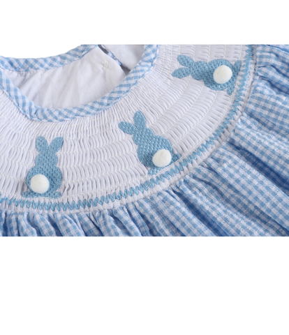 Blue Gingham Easter Bunny Smocked Bishop Dress