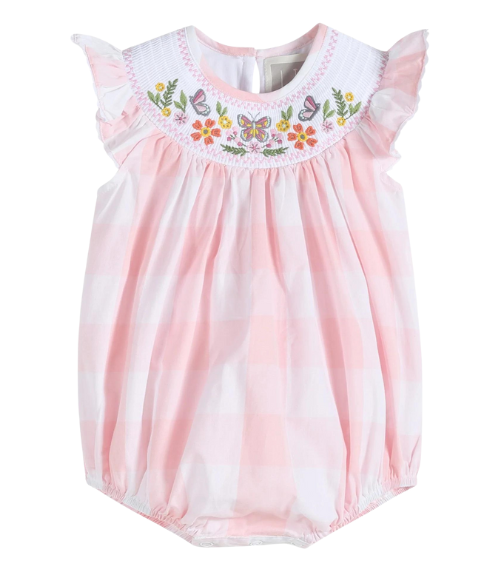 Large Pink Check Butterfly Garden Smocked Romper