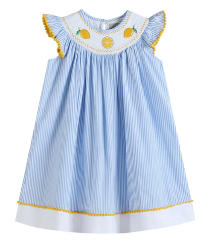 Light Blue Striped Lemons Smocked Bishop Dress