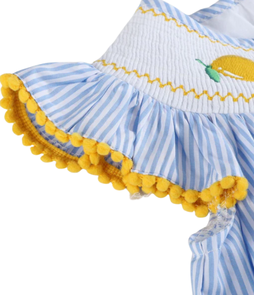 Light Blue Striped Lemons Smocked Bishop Dress