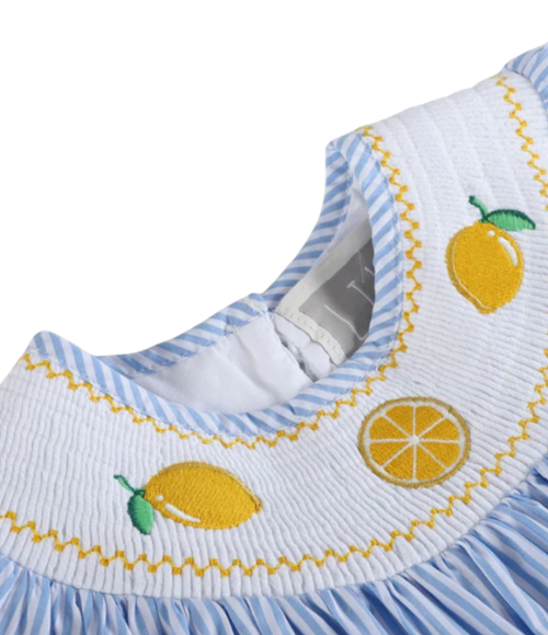Light Blue Striped Lemons Smocked Bishop Dress