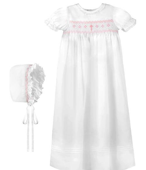 Pink Bullion Cross Christening Gown & Bonnet