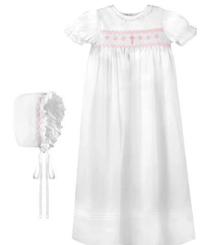 Pink Bullion Cross Christening Gown & Bonnet