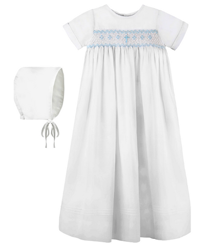 Blue Bullion Cross Christening Gown & Bonnet