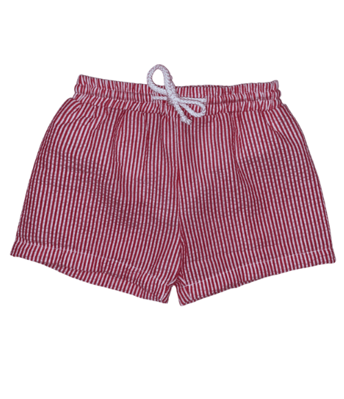 Red Seersucker Swim Trunks