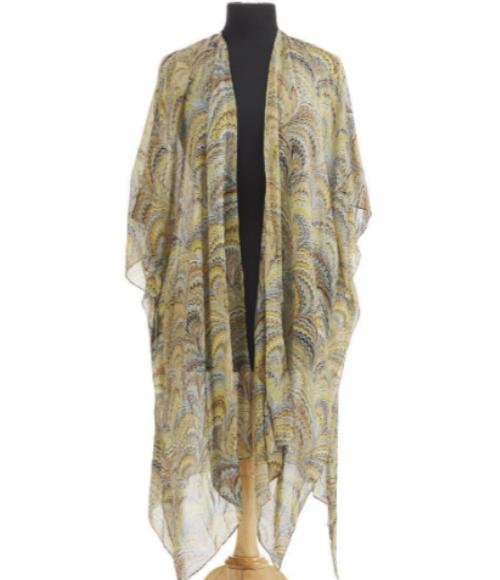 Marbled Green Print Long Kimono