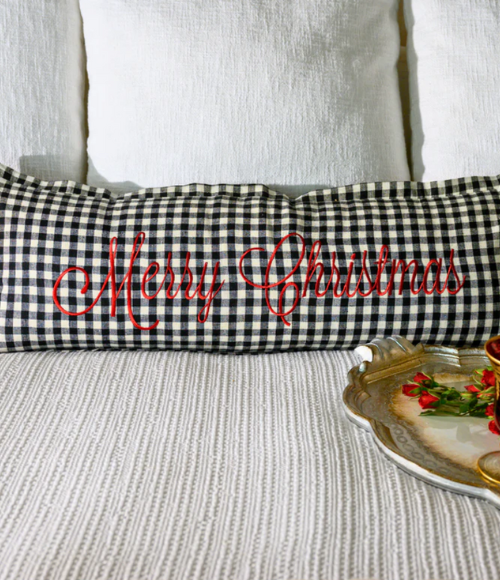 Merry Christmas Checkered Linen Lumbar Pillow