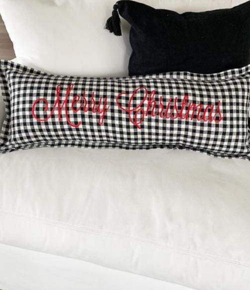 Merry Christmas Checkered Linen Lumbar Pillow