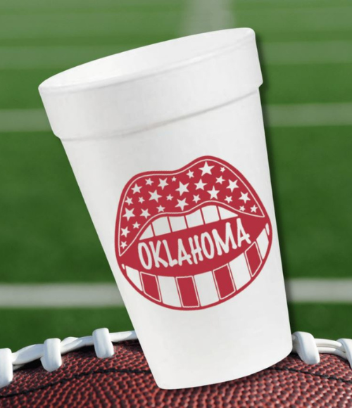 Oklahoma Smile in Maroon Styrofoam Cups