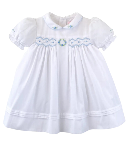 Flower Embroidered Smocked Dress + Bonnet