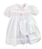 Flower Embroidered Smocked Dress + Bonnet