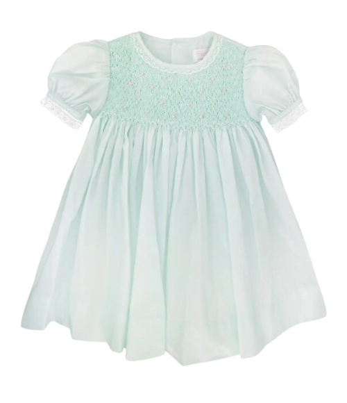 Fully Smocked Dress with French Lace - Mint