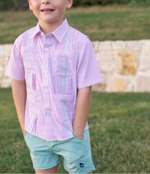 BQ Pink Mint Wave Check Guayabera Shirt