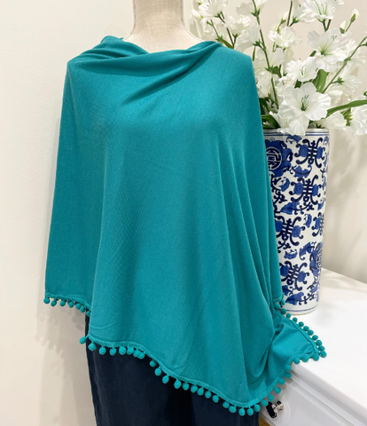 Teal Pom Pom Poncho