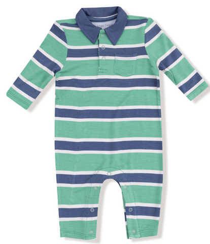 Rugby Stripe Green & Navy LS Polo Romper