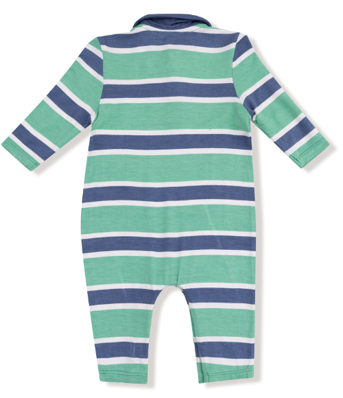Rugby Stripe Green & Navy LS Polo Romper