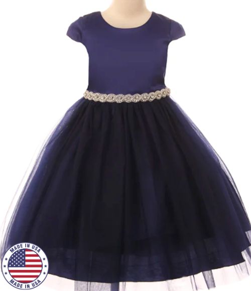 Satin & Tulle Navy Dress w/Rhinestone Trim, Size 6