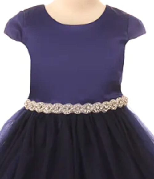 Satin & Tulle Navy Dress w/Rhinestone Trim, Size 6