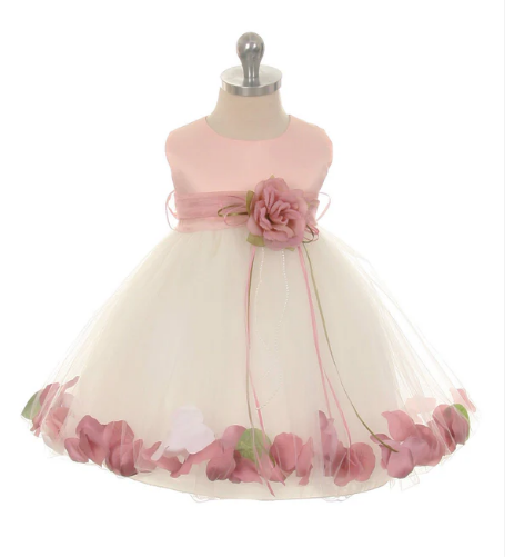 Dusty Rose Top Satin Flower Petal Dress w/Organza Sash