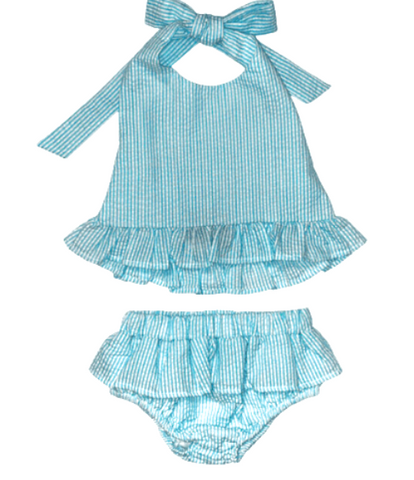 Seersucker 2pc Swimsuit in Aqua Stripe, 3T