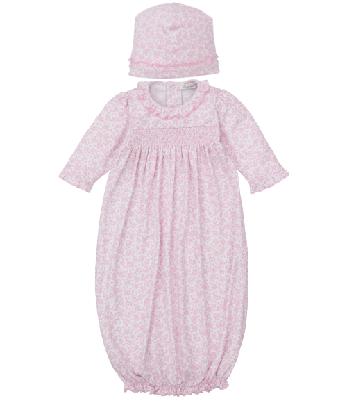 Kissy Summer Gardens Pink Smocked Gown & Hat Set