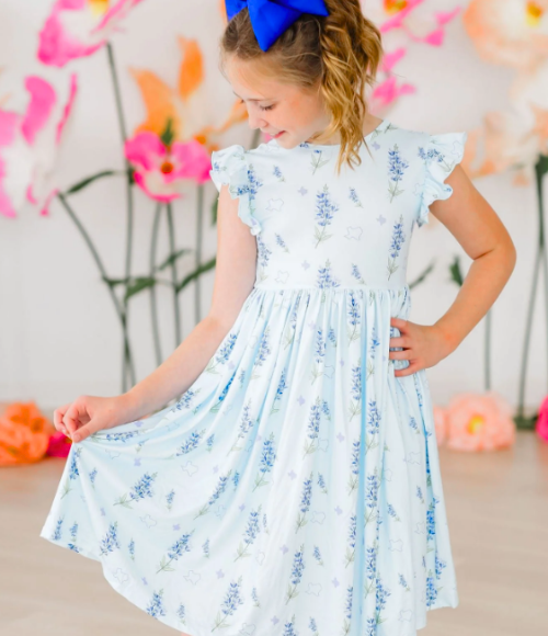 Texas Bluebonnets Flutter Sleeve Twirl Dress