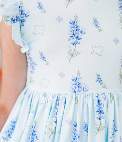 Texas Bluebonnets Flutter Sleeve Twirl Dress