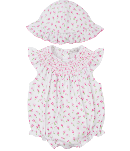 Kissy Tulip Blossoms Smocked Bubble & Floppy Hat Set