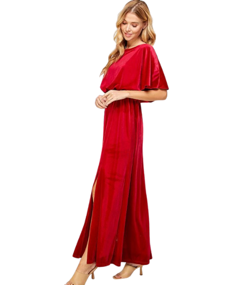 Red Velvet Cape Evening Gown