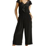 Black Jumpsuit with Dotted Ruffle Trim