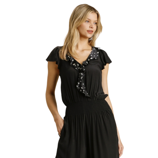 Black Jumpsuit with Dotted Ruffle Trim, Small