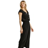 Black Jumpsuit with Dotted Ruffle Trim