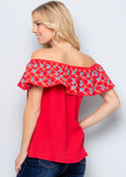 Red Floral Trim Embroidered Top