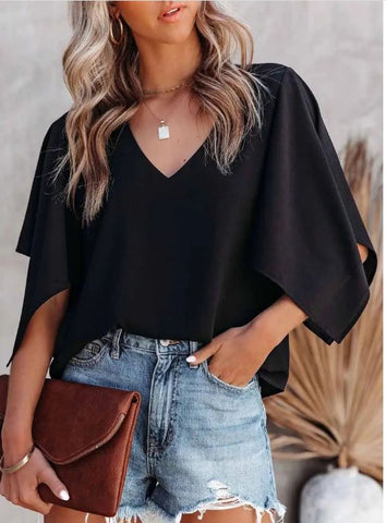 Slit Sleeve V Neck Blouse, Small